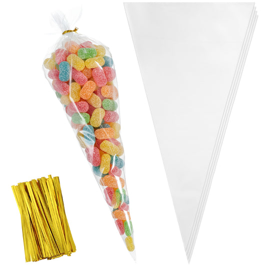 Elegaperma 200pcs Cone Bags,Christmas Sweet Cones Bags,16 x 30 cm Sweet Cone Bag with Gold Ties,Triangle Sweets Cones Bag for Christmas,Party,Wedding,Candy,Popcorn,Snacks