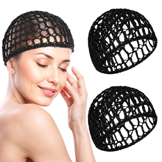 Oruola 2pcs Crochet Hair Net Cap for Sleeping,Elastic Mesh Hair Net,Soft Rayon Crocheted Hairnet,Mesh Crochet Hair Wrap Net for Women Ballet,Protects Hair During Makeup,Shower and Sleep,Black