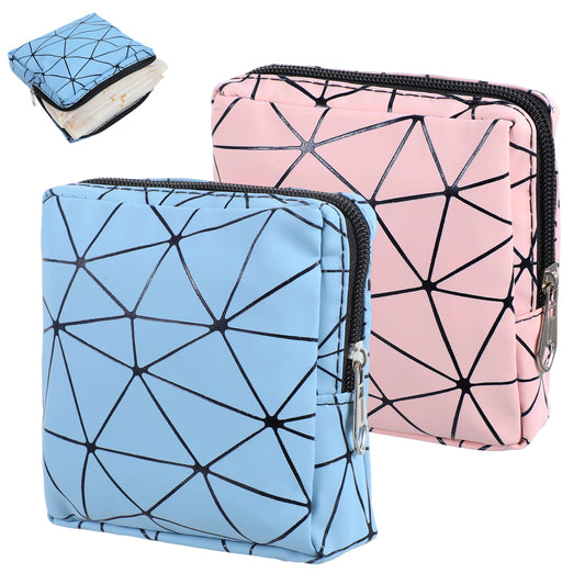 Classicseali 2pcs Period Pouches for Period for Girls, Portable PU Sanitary Pad Storage Bag for Pads and Tampons with Zipper, Reusable Period Bag for Teen Girls for School Office, Blue & Pink