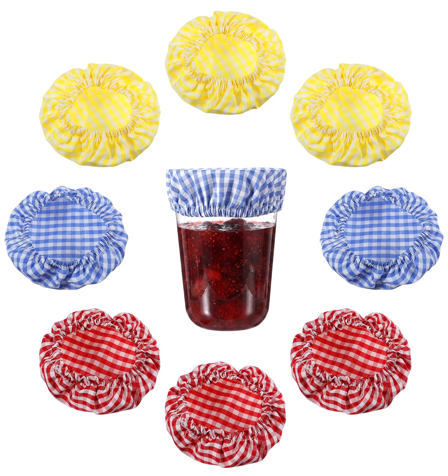 9 Pcs Sourdough Starter Jar Cover, Elastic Plaid Cloth Lids for 3-4 Inch Jar Mouth, Reusable Dough Bowl (Red, Blue, Yellow)