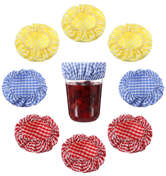 9 Pcs Sourdough Starter Jar Cover, Elastic Plaid Cloth Lids for 3-4 Inch Jar Mouth, Reusable Dough Bowl (Red, Blue, Yellow)