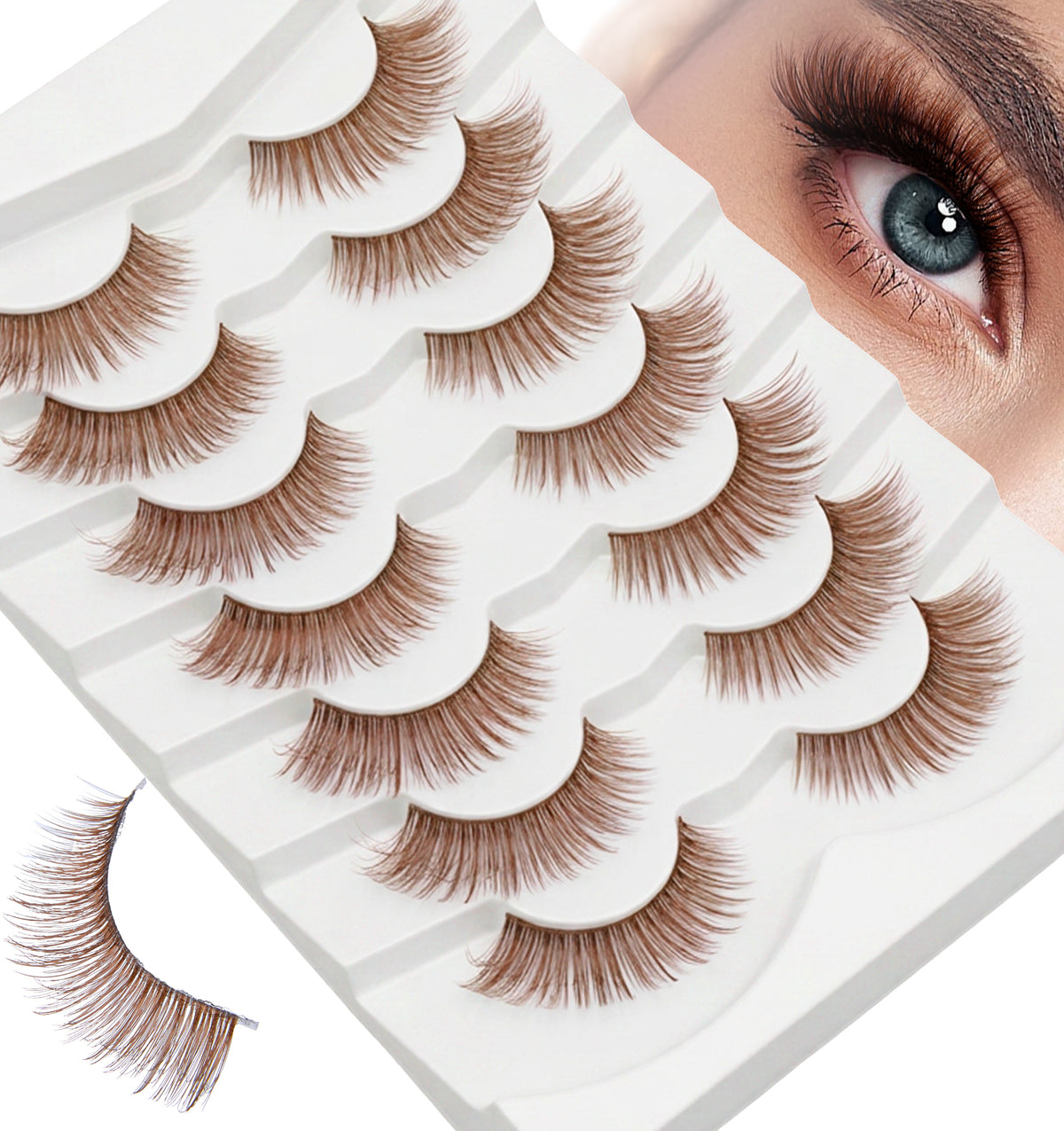 7 Pairs Brown False Eyelashes, Brown Lash Strips Wispy Volume, (6-12-14 Mm)