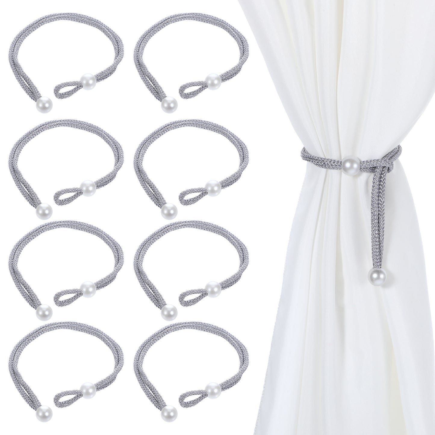 oruola 8pcs Tie Backs for Curtains,Adjustable Grey Rope Curtain Tie Backs with Pearl Curtain Rope Buckle Cord Holders,Simple Style Decorative Curtain Tiebacks for Home Hotel Office Window Drapery