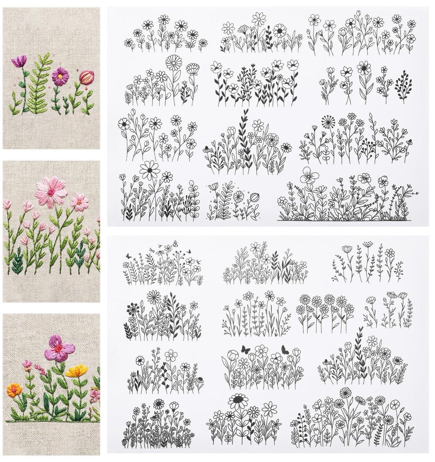 ValueBargain 2 Sheets Dissolvable Embroidery Paper, 25 PCS Water Soluble Embroidery Patterns for Fabric Suitable for Beginners, Wildflower Designs (29.6 * 21 Cm)
