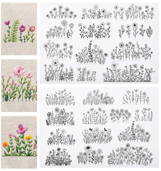 ValueBargain 2 Sheets Dissolvable Embroidery Paper, 25 PCS Water Soluble Embroidery Patterns for Fabric Suitable for Beginners, Wildflower Designs (29.6 * 21 Cm)