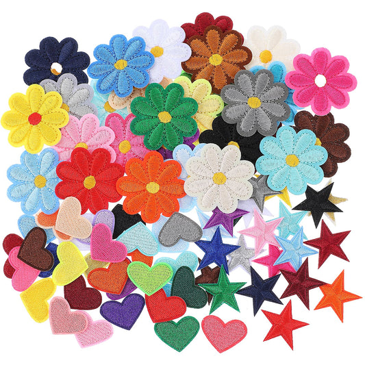 Classicseali Pack of 80 iron-on patches, iron-on patches, flowers, small appliqués, colourful iron-on patches for textiles for adults, children, girls for hat, jeans, jackets, backpack