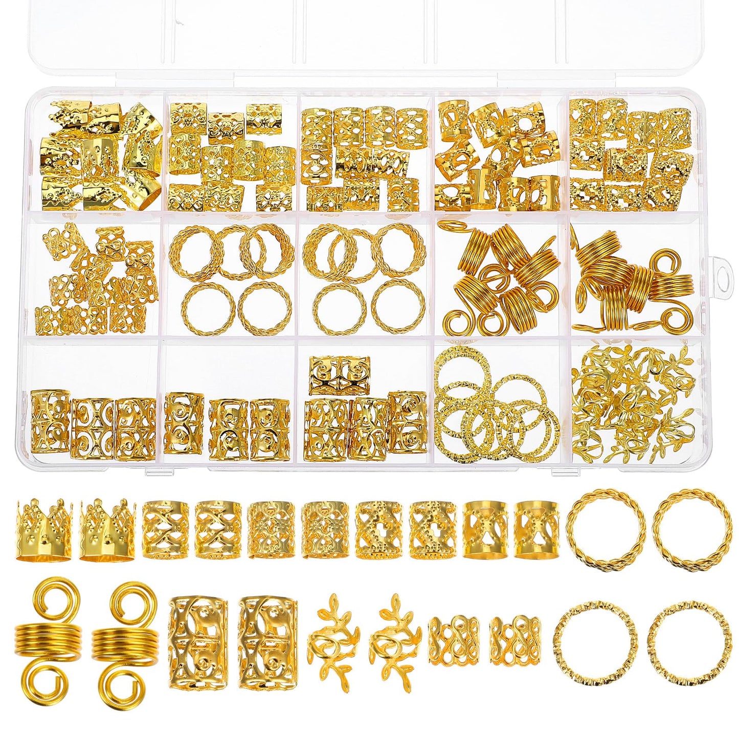 Oruola 110pcs Hair Jewellery for Braids,Metal Hair Cuffs Hair Rings Hair Clips,11 Different Shapes Hair Rings for Braids,Women and Girls Gold Hair Accessories for Braid Dreadlocks Decoration