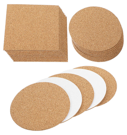 20 Pcs Cork Coasters Set, 10 Round & 10 Square Self-Adhesive Mats, 10cm x 2mm Thick for Drinks, Mugs & Glasses