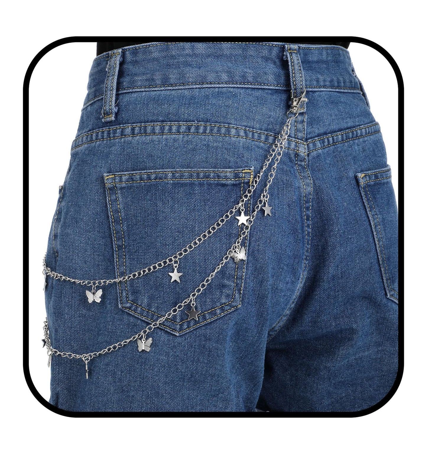 Jeans Chain, Trouser Chain, 50 cm Double-layer Chains for Jeans, Women, Men, Pocket, Rock Wallet, Bag, (Silver)