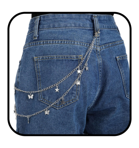 Jeans Chain, Trouser Chain, 50 cm Double-layer Chains for Jeans, Women, Men, Pocket, Rock Wallet, Bag, (Silver)