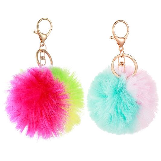 guduling 2pcs Pom Pom Keyring, Soft Fluffy Keyring, 3.15 Inch Plush Keyrings, Rainbow Fluffy Key Rings for Women Girl Handbag Backpack Hanging Decoration
