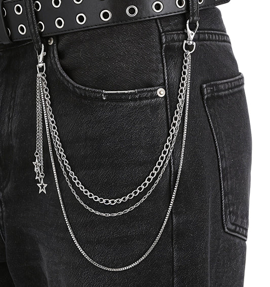 Belt Chain, Y2K Star Jeans Chain Accessories Star Layered Jean Belt Chains for Women Men, Rock Roll & Y2K Style, Perfect for Pants & Wallets, Silver