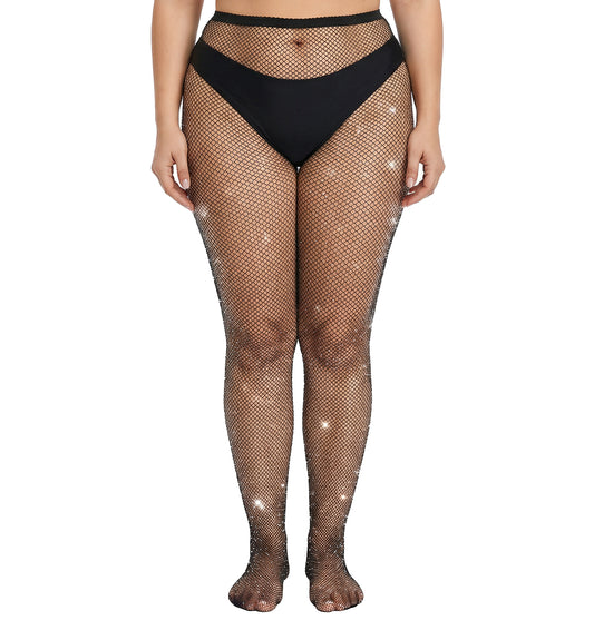 Thrymme Plus Size Fishnet Tights, Black Sparkly Tights, High Waist Stretchy Mesh, Suitable for Party Concert Club Halloween Christmas