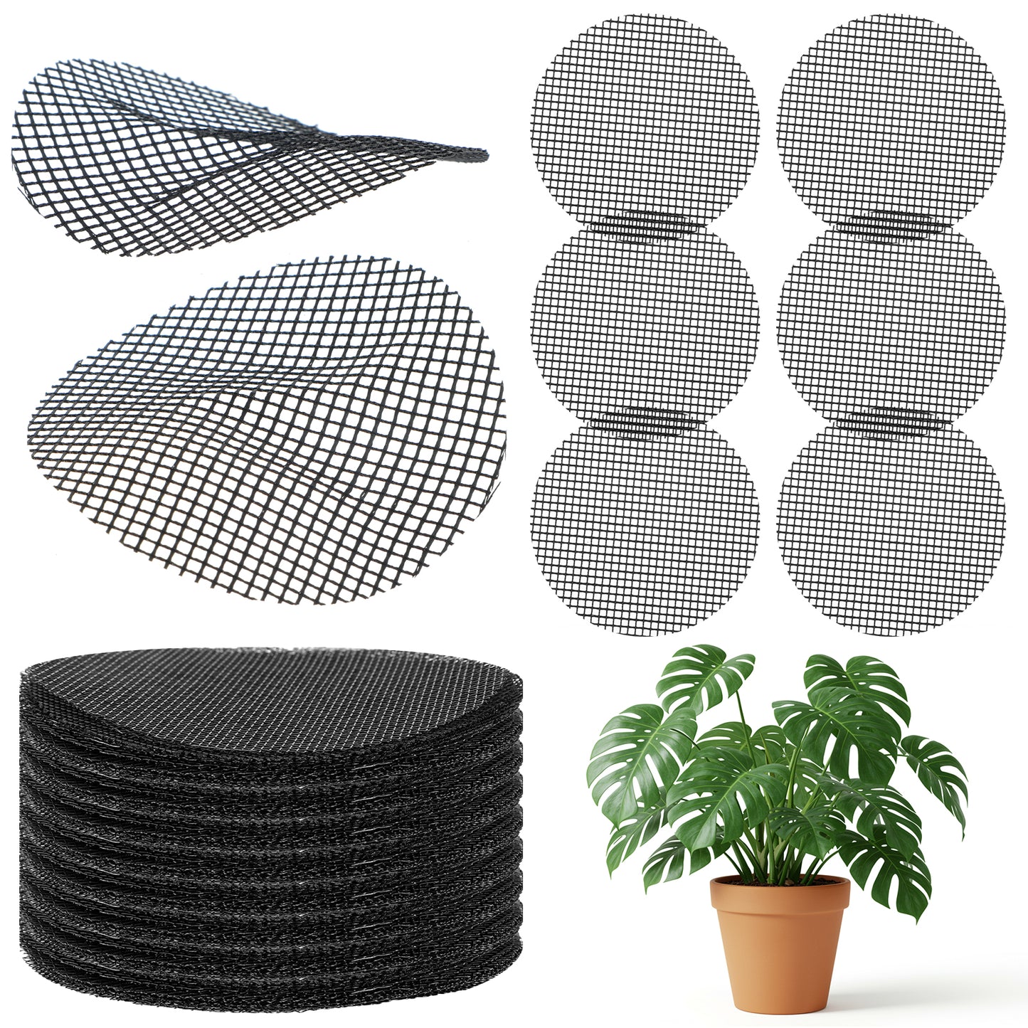 oruola 100pcs Flower Pot Hole Mesh Pad, 2 Inch Round Black Plant Pot Mesh Drainage Screen, Prevent Soil Loss, Bonsai Bottom Plant Drainage Insert for Garden Outdoor Potted Plants
