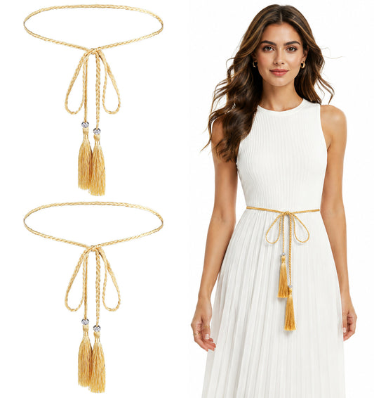ValueBargain 2 PCS Gold Rope Belt for Women, Tassel Braided Waist Belt for Toga Costume, Dresses and Skirts, for Beach Vacations and Everyday Wear