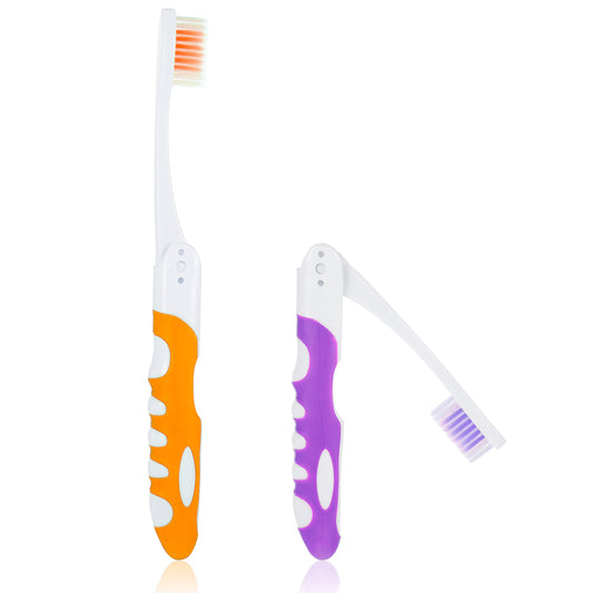 Oruola 2 Pcs Foldable Toothbrush,Portable Folding Toothbrush,Small Toothbrushs Travel for Hiking, Camping, and Traveling（2 Color:Orange Purple）