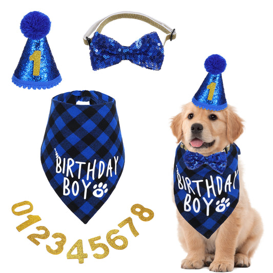Classicseali Dog Birthday Party Supplies, Dog Birthday Decorations Boy, Blue Pet Bandana Triangle Scarf Party Hat Dogs Bow Tie Collar with Numbers, for Large Medium Small Dogs Pets