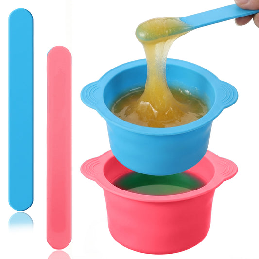 Classicseali 4PCS Silicone Wax Pot Insert,Wax Silicone Bowl with 2 Waxes Sticks,Non-Stick Waxes Pot Silicones Liner,for Preparing Powders,Making DIY Face Masks,Mixing Pigments,and Hair Dyes,Blue, Pink