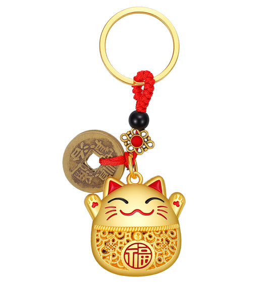 Thrymme Lucky Cat Keychain, 9.8 cm Lucky Cat Keychain, Gold Cats Keyring for Women Girls Kids, Gift Bag Charm & Purse Accessory