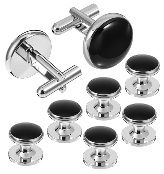 Dress Shirt Studs, Stainless Steel Tuxedo Studs and Cufflinks Set for Men, Formal Dress Accessories (Black and Silver)