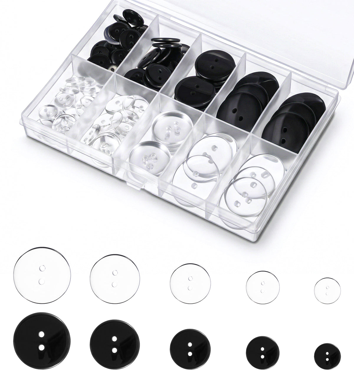 100 Pcs Shirt Buttons, White Buttons 5 Sizes Mixed Round Two Holes