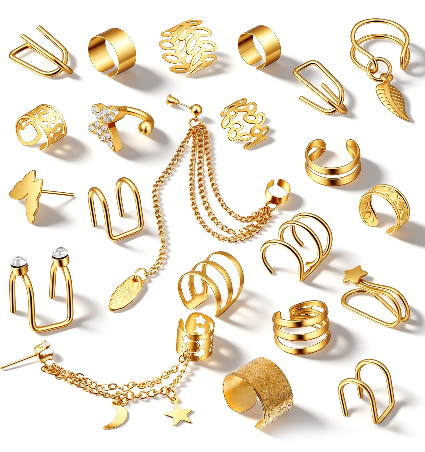 22 Pcs Ear Cuff No Piercing, Adjustable Gold Clip On Earrings for Women Ear Cuffs Non Piercings Cartilage Earring Set, Butterfly, Star, Chain, Twist, Helix, Leaf Wrap