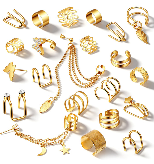 22 Pcs Ear Cuff No Piercing, Adjustable Gold Clip On Earrings for Women Ear Cuffs Non Piercings Cartilage Earring Set, Butterfly, Star, Chain, Twist, Helix, Leaf Wrap