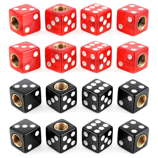Elegaperma 16 Pcs Dice Valve Stem Caps with Rubber Gasket, Acrylic & Copper Core Dustproof Dice Tire Valve Caps for Cars, Motorcycles, Bicycles & Trucks (Red Black, 0.55 x 0.55 Inch)