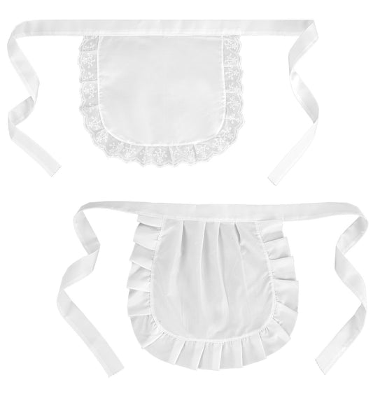 Thrymme 2 PCS Cosplay Maid Apron, White Half Apron for Women with Puffy & Lace Design, Adjustable Polyester Cosplay Costume for Party (White, 2 Styles)