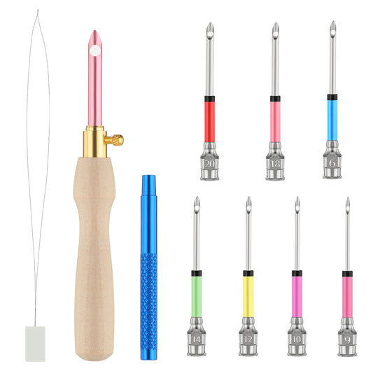 oruola 10pcs Punch Needle,Adjustable Punch Needle Tool Set with 7 Sizes Needle Heads,Wooden Handle Punch Needle Kit for Adults Beginners,Floss Cross Stitch Needlework DIY Craft
