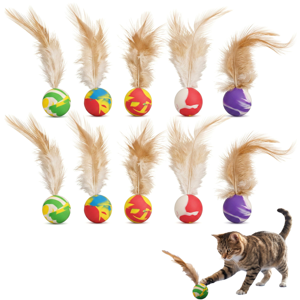 10 Pcs Bouncy Tails for Cats,Rubber Cat Bouncy Ball with Feather