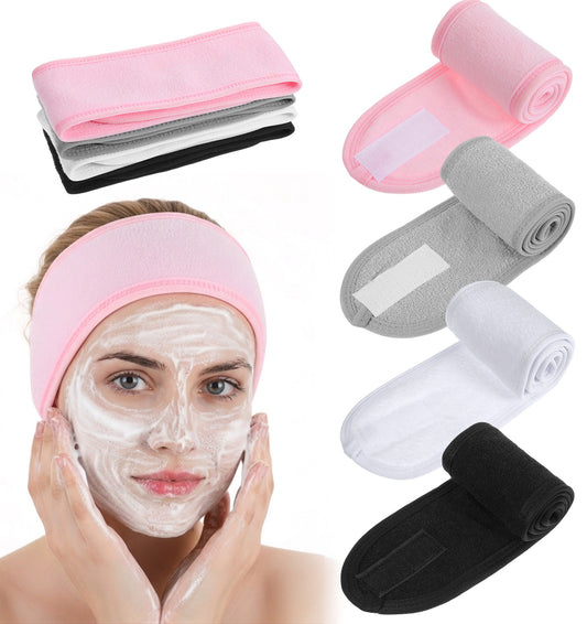 4 Pack Spa Headbands for Women, Terry Cloth Facial Makeup Headband, Adjustable Wash Face & Skincare Head Wrap for Shower, Bath, Yoga, Soft Absorbent Towel Hair Band