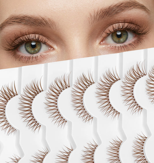 7 Pairs Brown Eyelashes, Brown Lash Clusters Natural Look Cat Eye with Clear Band, Wispy Volume C-Curly Short Faux Mink
