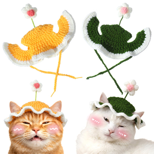 Guduling 2pcs Cat Hat, Flower Cat Outfit, Knitted Hats for Cats, Funny Cute Halloween Costumes Christmas Birthday Party (Yellow Green)