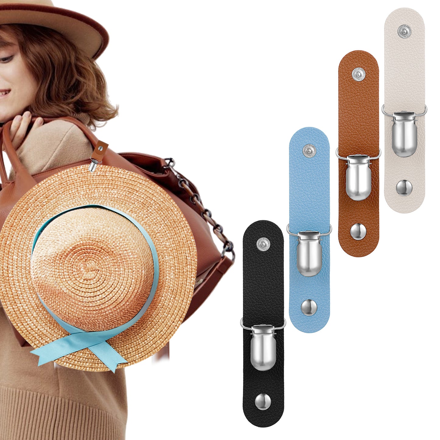 oruola 4pcs Travel Hat Clip, Pu Leather Hat Clips for Travel on Bag, Multifunctional Duckbill Hat Clip for Hanging Sunglasses, Car Keys, Sunhat, Bag, Luggage, Backpack, Purse