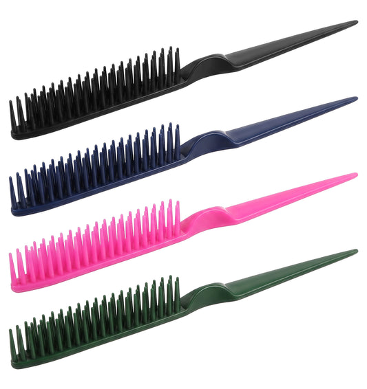 4 Pack 3 Row Hair Comb for Natural Detangling, Nylon Bristle Styling & Detangling Brush with Rat Tail - Unbraider, Teasing Comb for Curly Hair, Wigs, Salon & Home Use