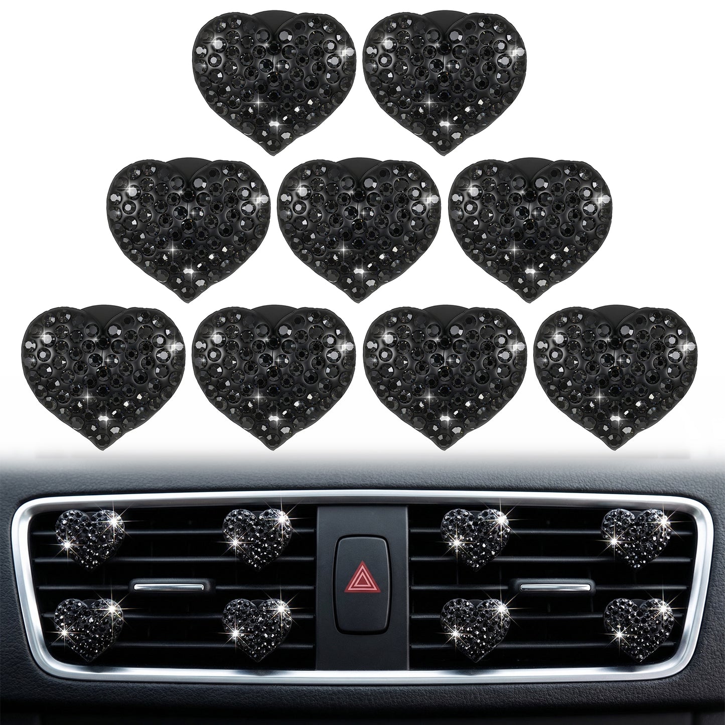 Guduling 9 Pcs Car Vent Clips,Bling Crystal Heart Shaped Car Air Vent Clips,Cute Cars Vents Accessories, Rhinestone Diffusers & Cars Interior Decor for Women
