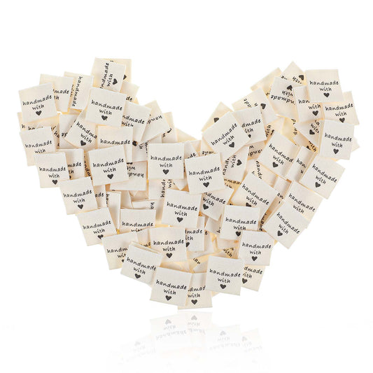 Oruola 120pcs Handmade Labels, Sewing Tags for Handmade with Love Labels,Personalized Embossed Tags Sew on Clothing for DIY Crafts Knitting Crocheting Garment(Off White)