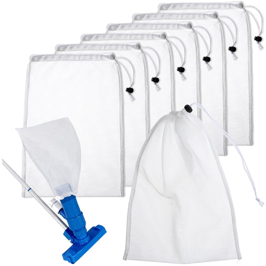 Classicseali 6pcs Pool Vacuum Bag Replacement, Nylon Pool Vacuum Net Bag, Pools Vacuums Bags with Drawstring, for Pools, Aquariums, and Ponds, Collects Leaves and Debris, White