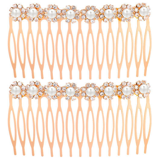 Guduling 2 Pcs Pearl Hair Comb,Hair Comb Slides for Women,French Hairs Combs,Accessories Alloy Crystal French Hairs Clips for Bridal Bridesmaids Wedding Party Daily (Rose Gold)