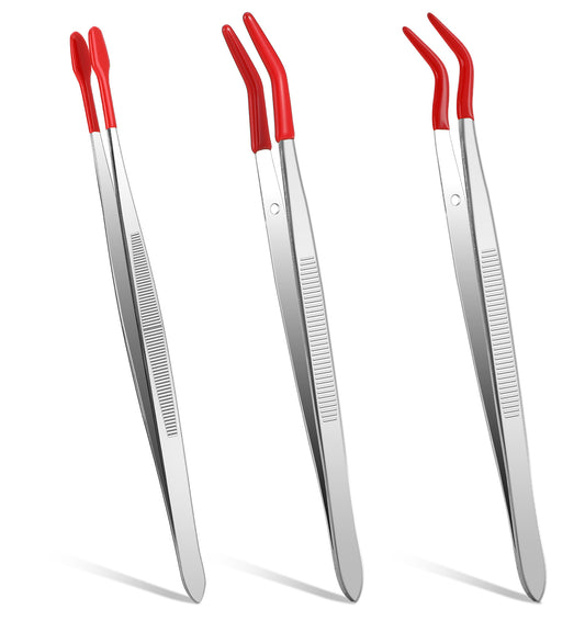 Craft Tweezers, 3 Pcs Tweezers for Crafting, 5.9 Inch Long Precision Tweezer Set for Crafts, Stamps, Garden, Jewelry, DIY, Hobby, Electronics, Flat Straight & Bent Tips (Silver, Red)