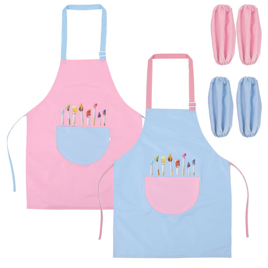 oruola 2pcs Kids Aprons for Painting,Apron for Kids with 2 Sleeve,Waterproof Kid Painting Apron for Kitchen,Paint,Cooking, Baking,Crafting(Pink and Blue)