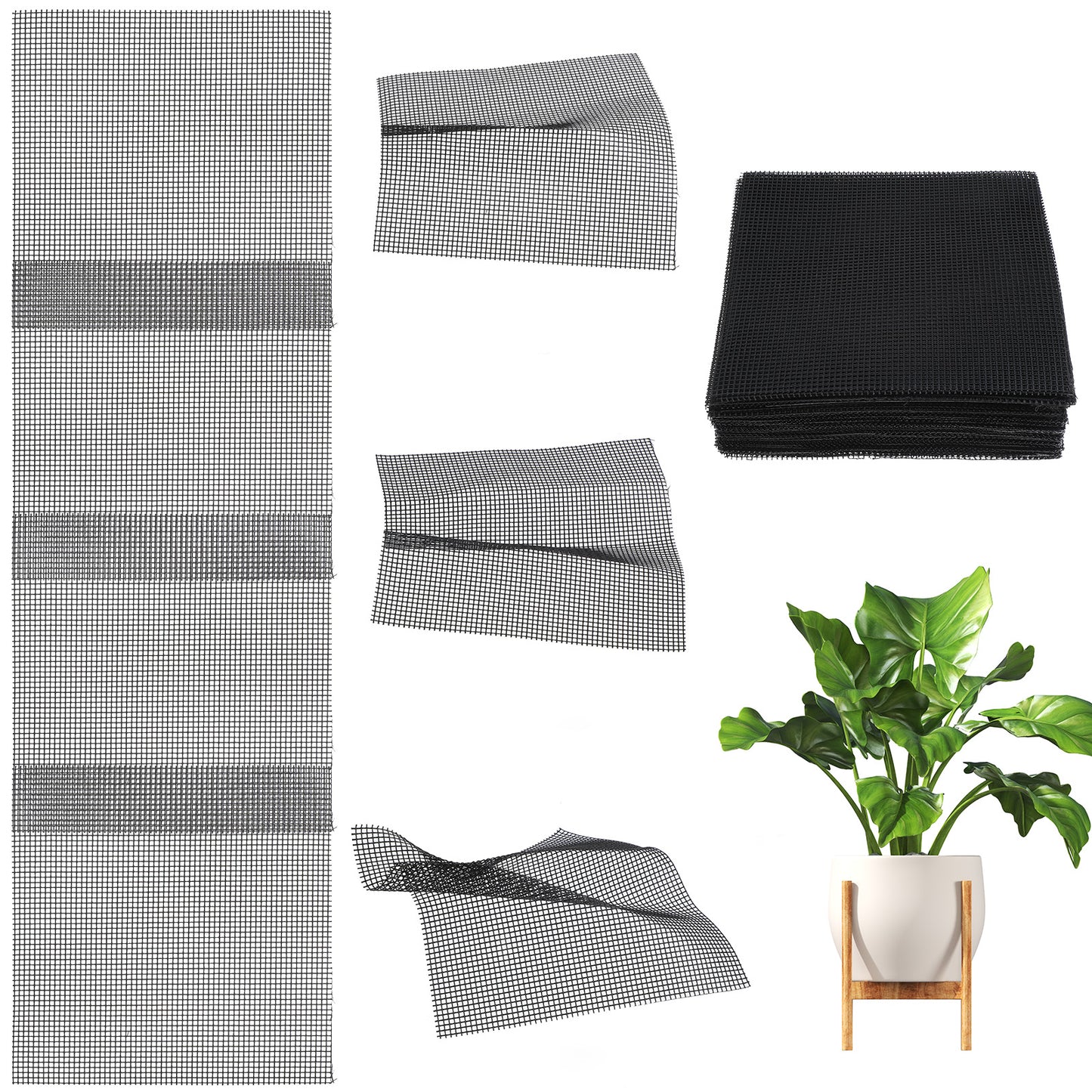 guduling 100 Pcs Flower Pot Hole Mesh Pad,4 Inch Square Black Plant Pot Mesh Drainage Screen,Prevent Soil Loss, Bonsai Bottom Plant Drainage Insert for Garden Outdoor Potted Plants(Black)