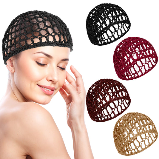 Elegaperma 4pcs Mesh Crochet Hair Net,Hair Nets for Sleeping in,Soft Rayon Crocheted Sleep Caps Hairs Wrap Net,Elastic Sleeping Hairnet for Women,4 Colors