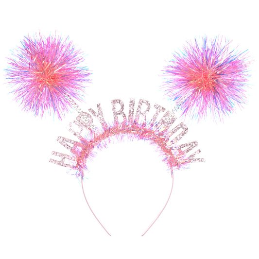 Elegaperma Happy Birthday Headband, Pink Pom Pom Birthday's Headband Girl, Cute Happy Birthday's Headbands Girl for Birthday Party Photo Props Celebration Decoration