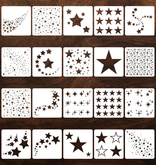 20Pcs Star Stencils, Reusable PET Star Stencils for Painting Wall, 13×13cm Drawing Templates for DIY Crafts on Wood Canvas Paper Furniture