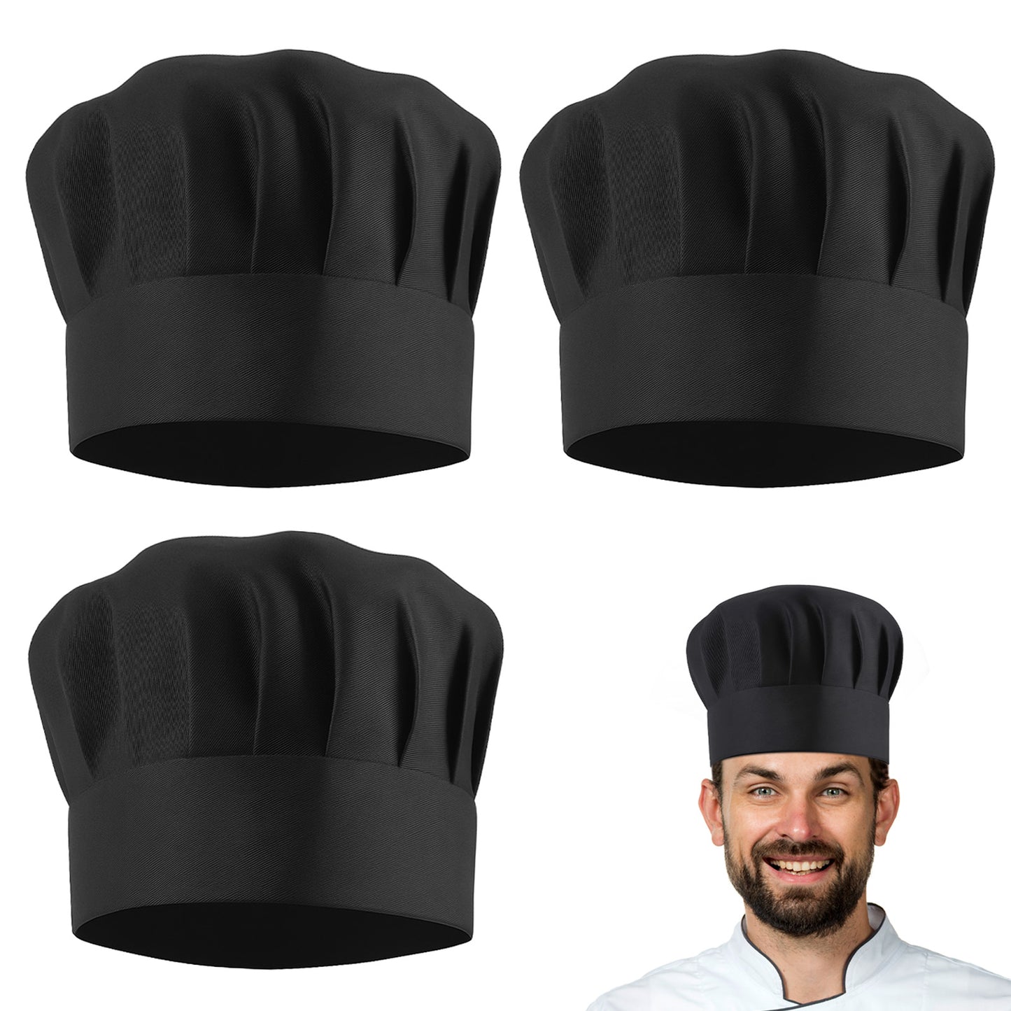 Elegaperma 3 PCS Chefs Hat, Professional Black Chef Hat for Men Baking, Adjustable Bakers Hat with Mushroom Style for Kitchen and Cooking