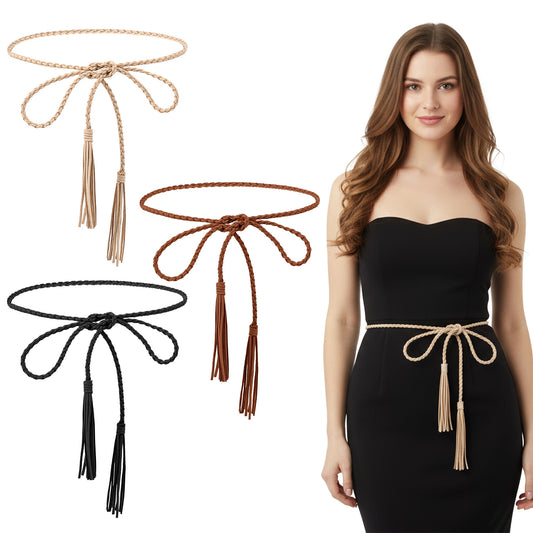 guduling 3pcs Tie Belt, Woven Rope Belts For Women, Waist Belt, Boho Cord Belts With Tassels for Dress,Skirt, Jeans Decoration Women & girls (Black, Brown, Khaki)