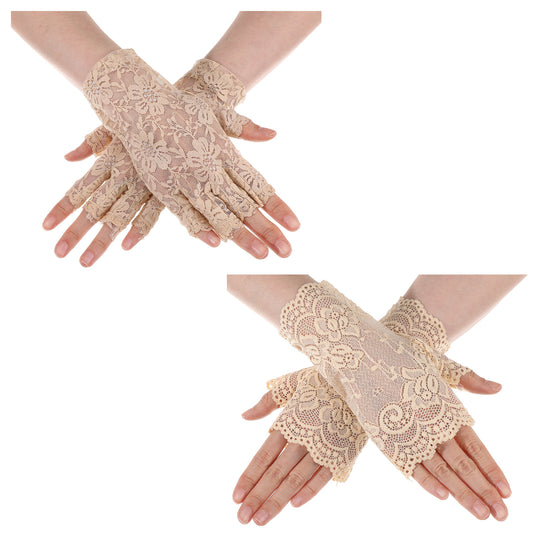 guduling 2 Pairs Lace Gloves,Short Fingerless Lace Gloves for Women,Short Laces Glove Fingerless for Wedding, Tea Party, Cosplay & Flapper Costume (4 Glove,Nude)