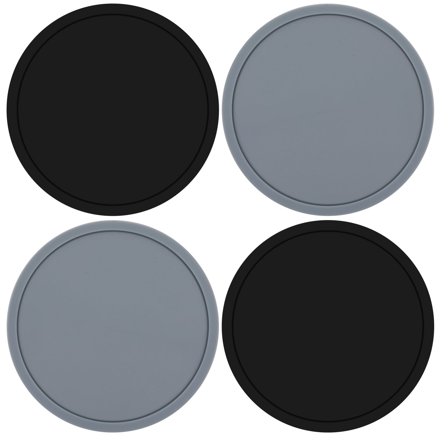 Oruola 4pcs Silicone Coasters,Round Silicone Rubber Mug Coaster,Coasters Set of 4,Non-Slip Black Coasters for Drinks,Coffee,Beer,Wine Glass,Home and Bar(Grey & Black)